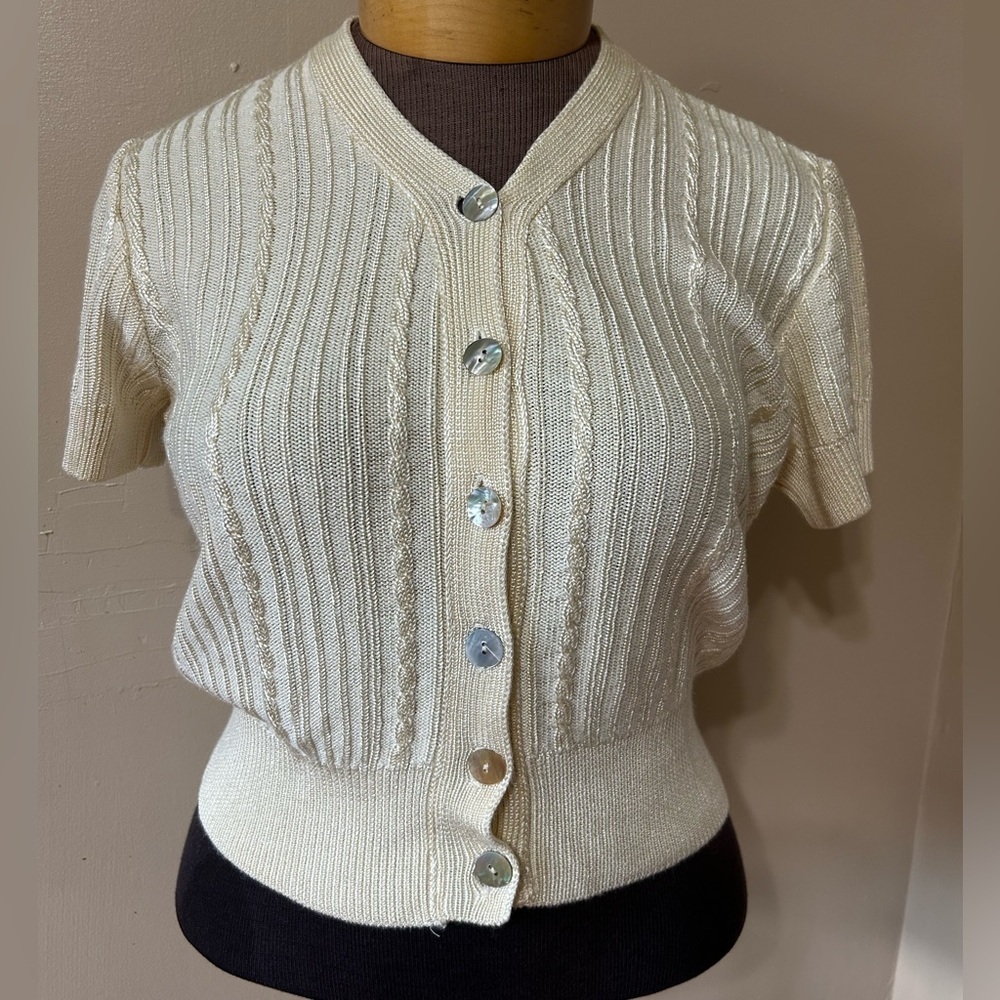 Vintage Y2K Gap Women's Button-Up Cardigan‎ Cable Knit Sweater Shimmer Cream S